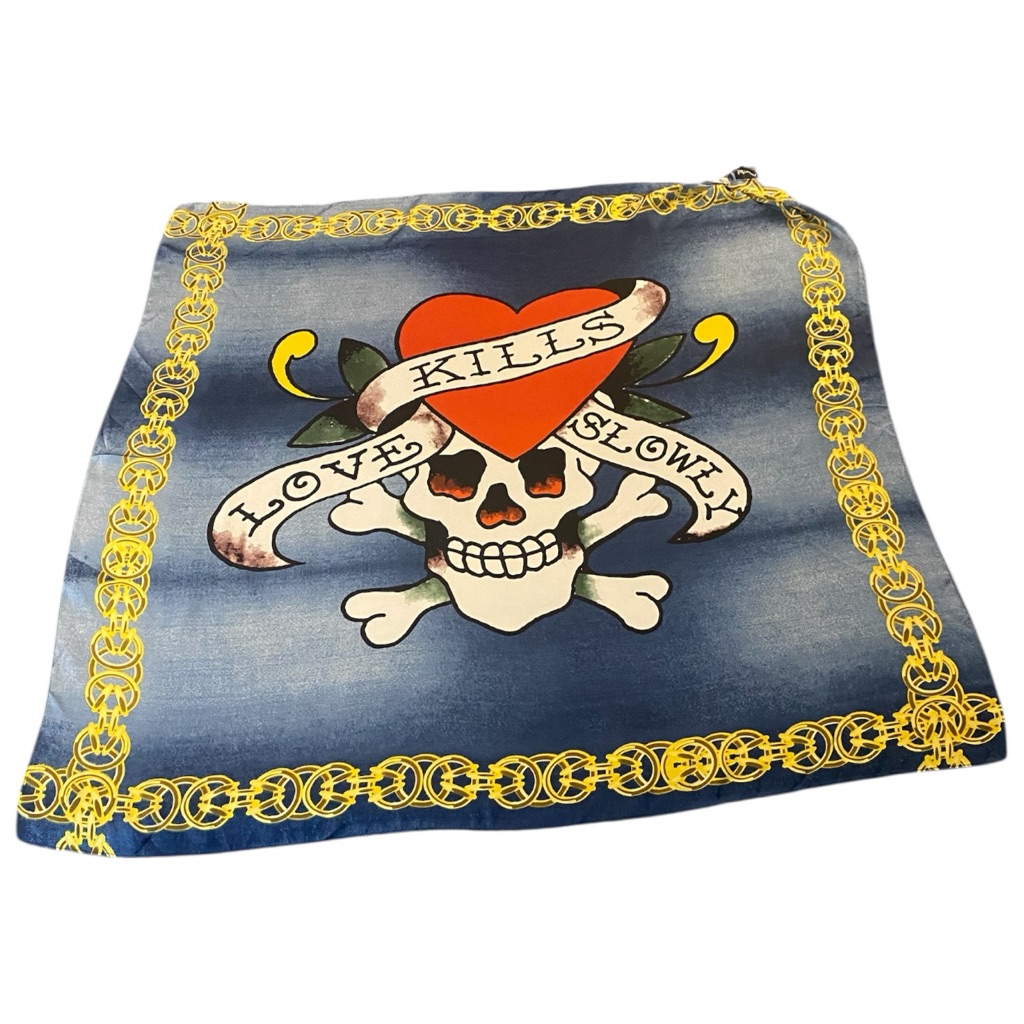 Ed Hardy Blue Skull & Heart Love Kills Slowly Skull Scarf - Large 43”X43” - Nwt